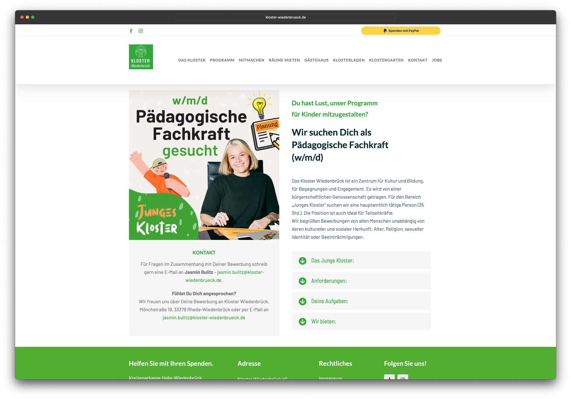 Das Junge Kloster Wiedenbrück sucht eine pädagogische Fachkraft (m/w/d).
